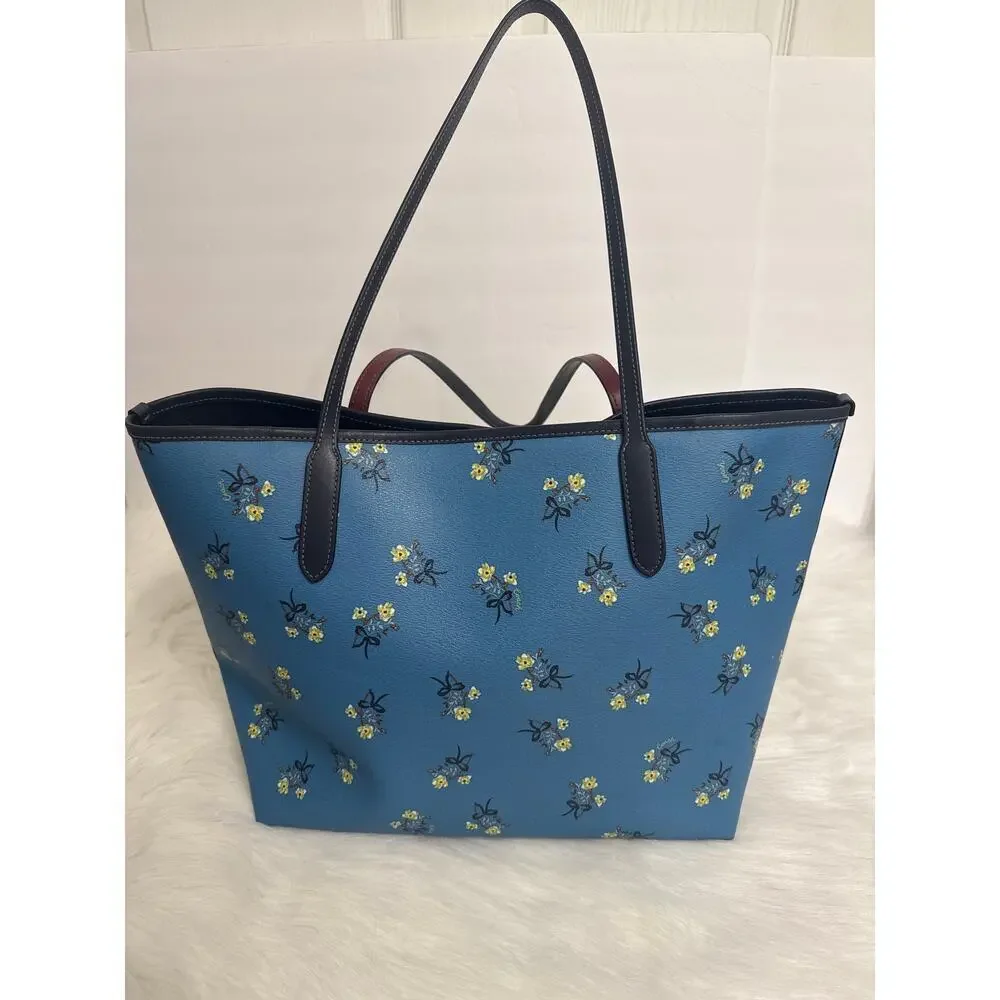 Coach City Tote Blue Multi Floral Bow Print w/ Matching Slim Wallet Set